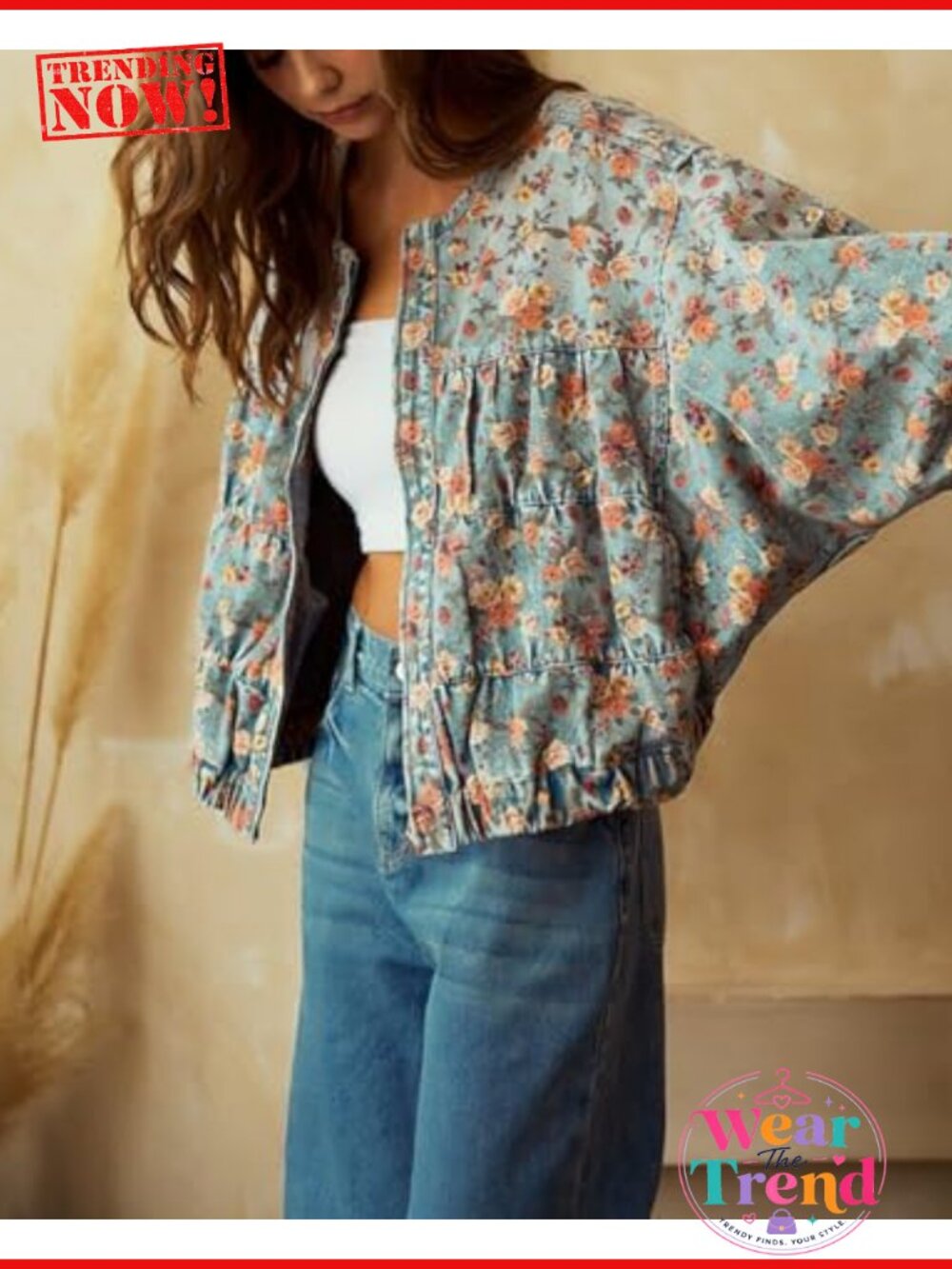 Oversized Floral Denim Bomber Jacket Zip Jean Jacket - Picture 4 of 5